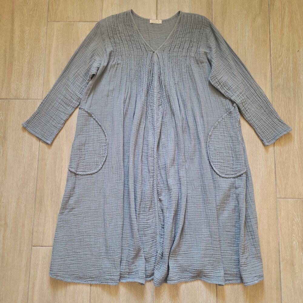 MALA Handworks Gauze Midi Dress Oversized Sage Gray Lagenlook Pocket Boho